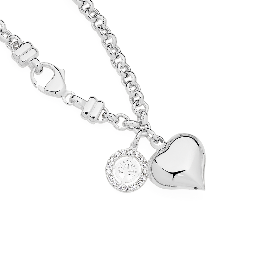 silver 19cm puff heart with tree of life in cz circle charm belcher bracelet 1901121 199999